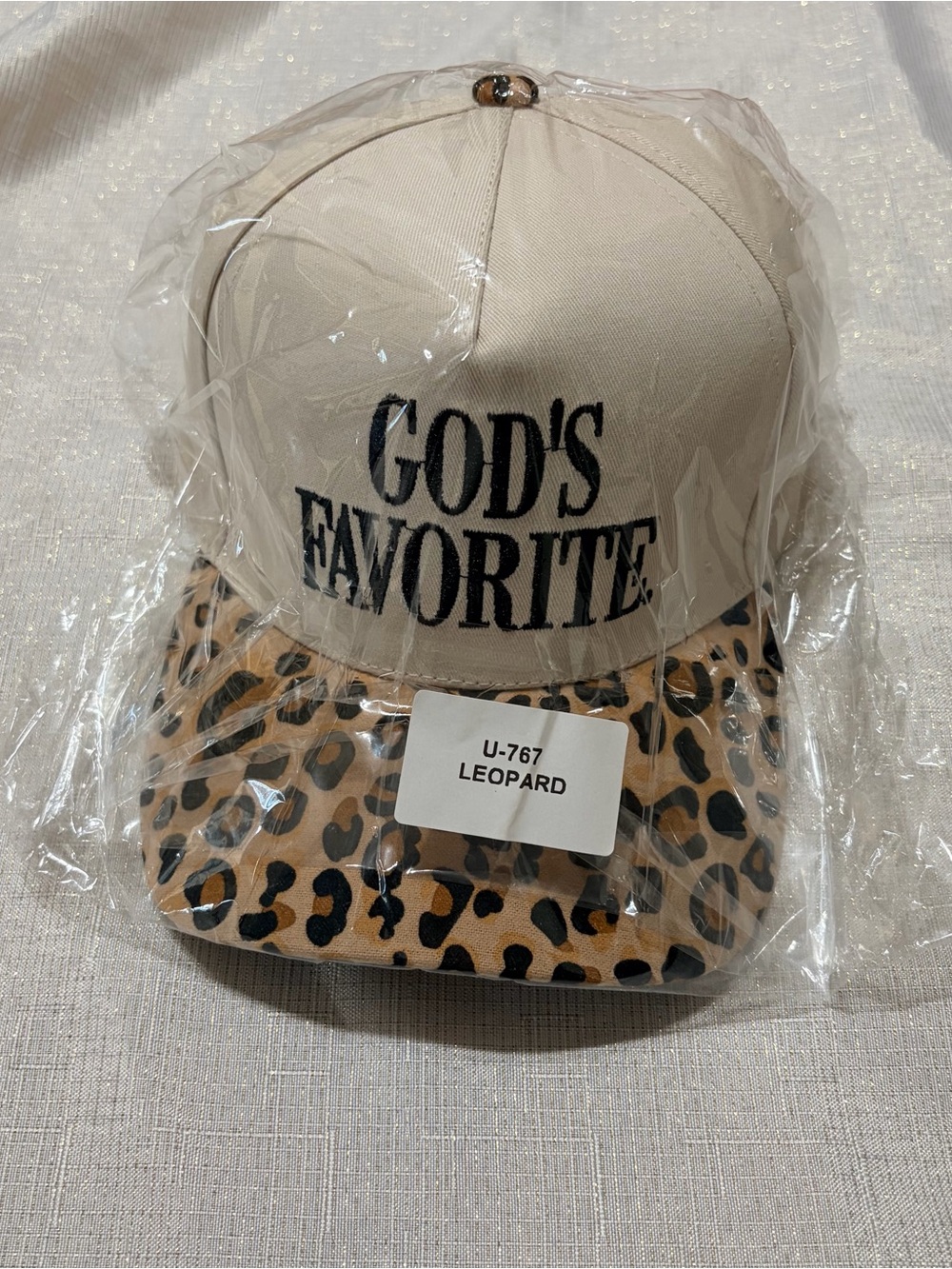 Women’s Zenana embroidered canvas  "God's Favorite" Leopard cap hat - Beige